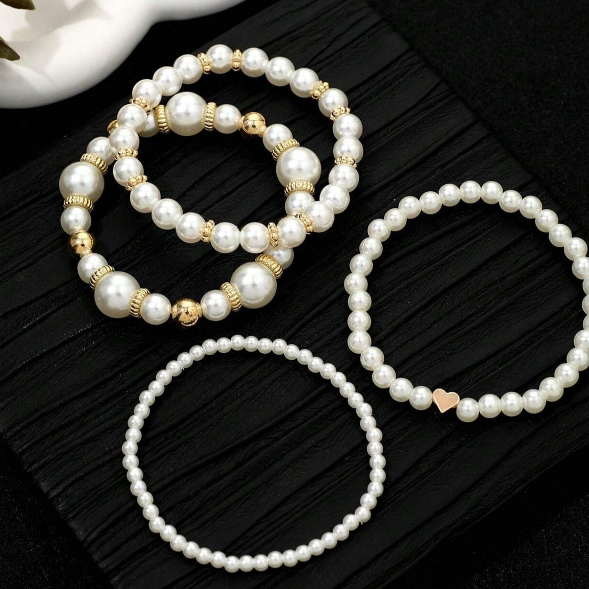 Gold Heart Pearl Bracelet Set