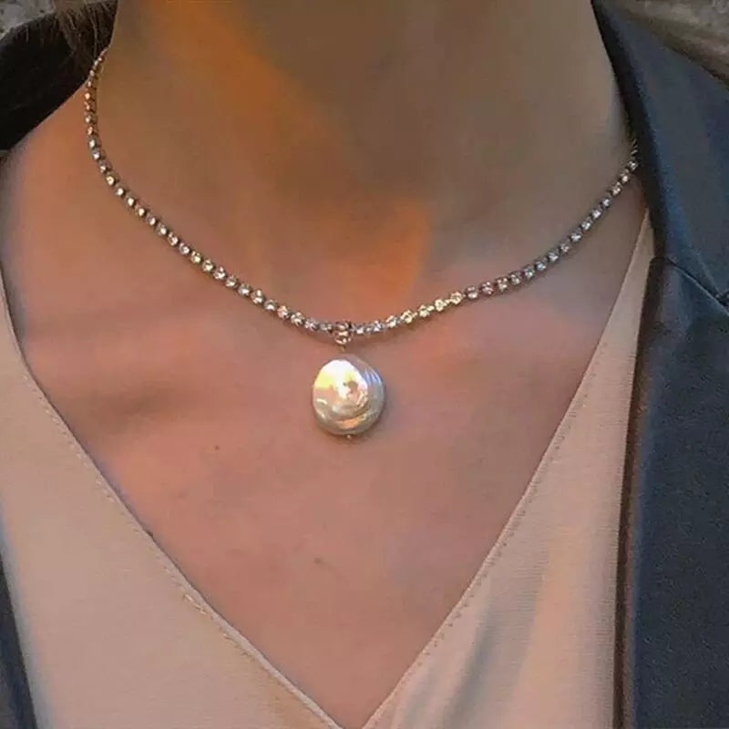 Faux Diamond Pearl Necklace