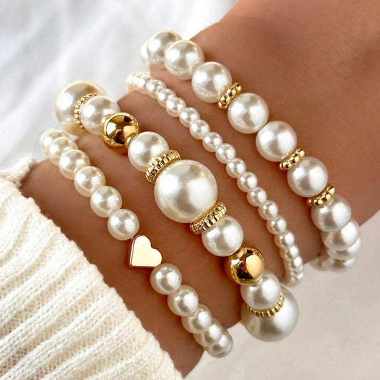 Gold Heart Pearl Bracelet Set